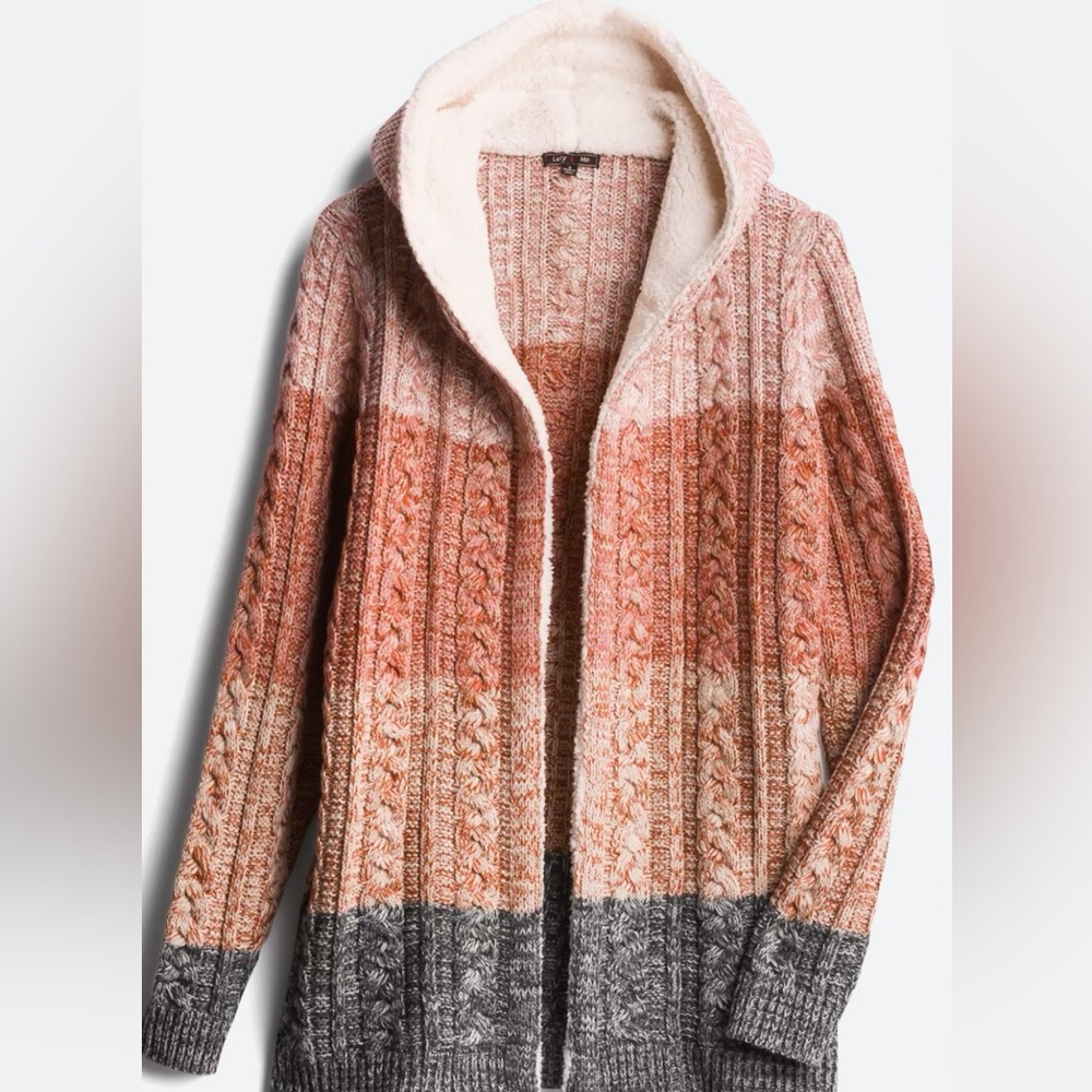 Sherpa trim cable knit cardigan w/hood